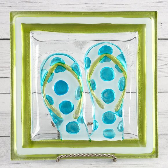 Trinket Tray Blue Polka-Dot Flip-Flop Plate 7in Square - Picture 1 of 5